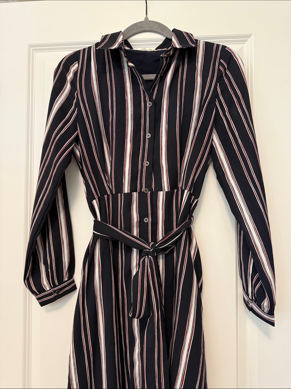 Striped Long-Sleeve Shirt Dress with Tie in Navy, Red, and White